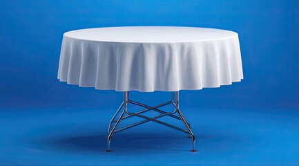 Empty round white table with cloth draped over it, set against a vivid blue background