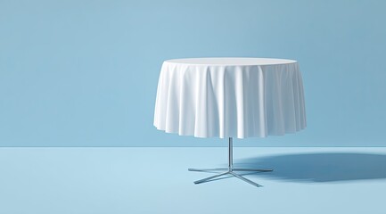 Empty white tablecloth round table against light-blue backdrop
