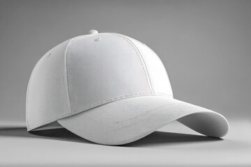 Blank white baseball cap angled on gray background