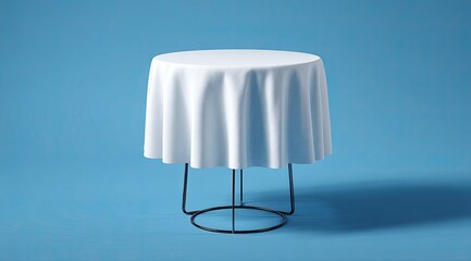 Empty white tablecloth draped over a round table with a dark metal base, against a vibrant blue background