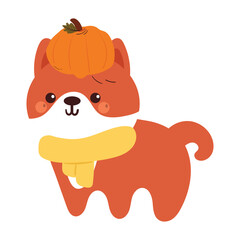 cute hand drawing cartoon puppy with autumn pumpkin