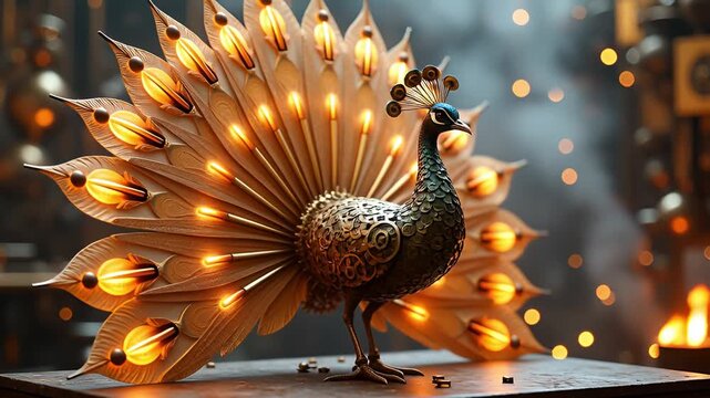 Steampunk Peacock Sculpture with Illuminated Feathers Displayed Indoors with Warm Bokeh Lighting