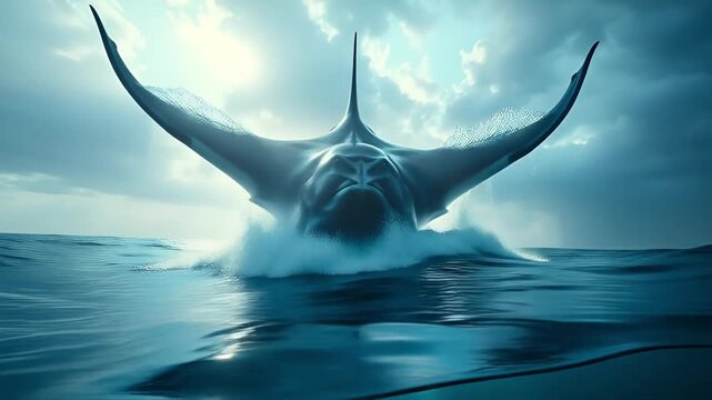 Majestic Manta Ray Emerges From Deep Blue Ocean Waters With Dramatic Sunbeams and Cloudy Sky Overhead