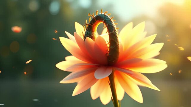 Magical Snake Embraces Glowing Orb within a Blooming Lotus Flower on Tranquil Water with Falling Petals and Soft Bokeh Background during Golden Hour