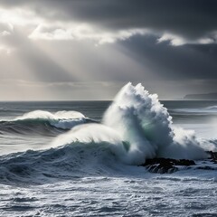 Dramatic Ocean Waves Crashing Against Rocky Shore Under Moody Stormy Sky with Sunbeams.