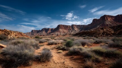 Obraz premium Vast desert landscape with rugged red rock cliffs and dry scrub vegetation under a blue sky