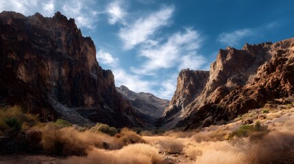 Fototapeta premium A vast desert canyon with towering rocky cliffs and dry golden brush under a dramatic blue sky with wispy clouds