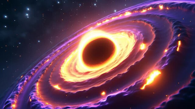 Vibrant Galaxy Vortex with a Central Black Hole and Accretion Disk illuminated by Intense Orange and Purple Hues set against a Starry Deep Space