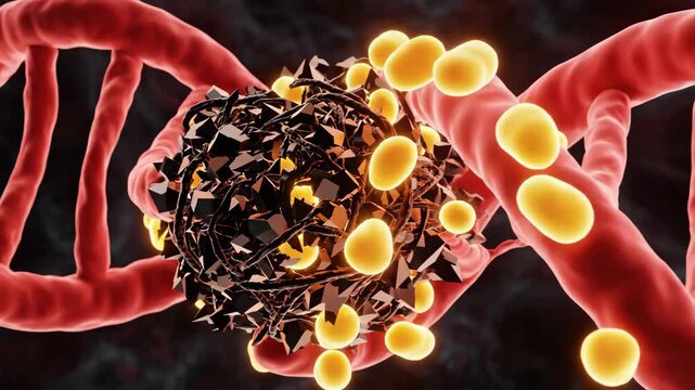 3D macro animation of sugar molecules (glucose) causing glycation and damage to a protein strand (collagen).