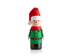 Obraz premium Charming Christmas elf wine bottle topper isolated on a pristine white background, perfect for festive holiday celebrations and delightful gift presentations for beverage enthusiasts