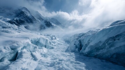 Obraz premium A majestic glacial landscape unfolds featuring vibrant blue ice formations jagged peaks and atmospheric clouds