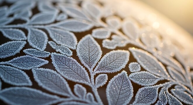 Close up of delicate frost patterns forming on leaves creating a beautiful natural winter ice crystal texture