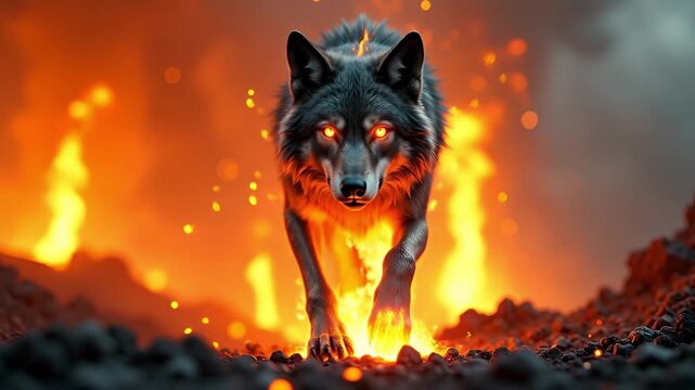 Fierce Wolf With Glowing Orange Eyes Walks Through Fiery Volcanic Landscape Under Dramatic Smoke Filled Sky