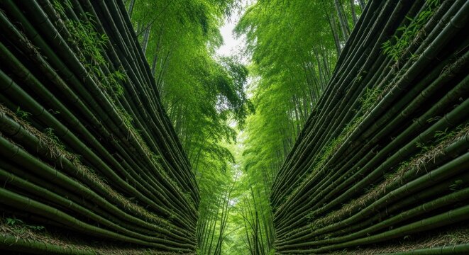 Bamboo forest view from ground, with lush green canopy above