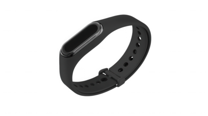 A close up shot of a black fitness tracker with a screen and a rubber strap on black background on transparent background