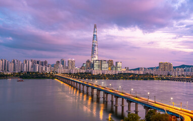 Fototapeta premium panoramic, tourist attractions in the city park of seoul City, Asia business concept image, panoramic modern cityscape building in korea. The most beautiful Viewpoint seoul city,south korea.