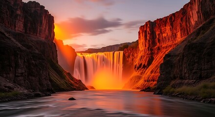 Dramatic Sunset Illuminates Majestic Waterfall Cascading Through Rocky Canyon Landscape.