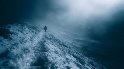 A lone trekker walks up a snowy mountain path shrouded in fog and mist during a cold winter