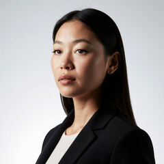 Polished corporate headshot of a confident Asian businesswoman in a suit