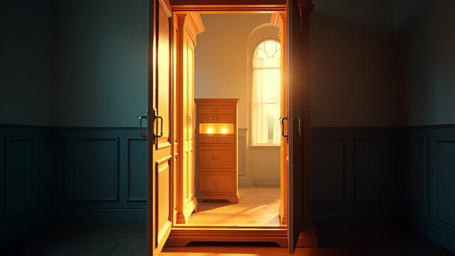 Interior Of A Room With An Open Wooden Armoire Revealing A Light Filled Space And Arched Window With Curtains And Wooden Floor