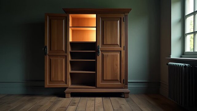 Antique Wooden Armoire With Open Doors Illuminated Interior Showing Shelves And Dark Green Wall Background With Window Light And Radiator