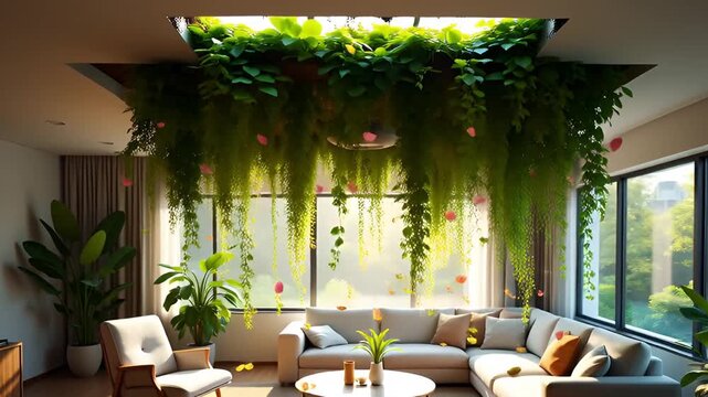 Serene Living Room With Lush Hanging Greenery And Abundant Natural Light