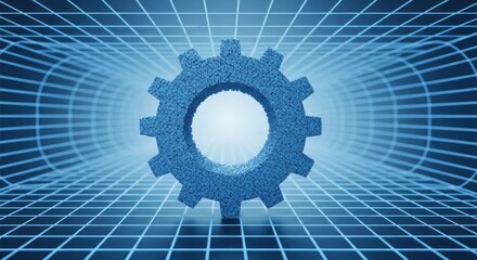 Blue textured gear against a blurred blue grid backdrop