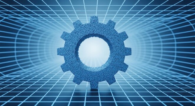 Blue textured gear against a blurred blue grid backdrop