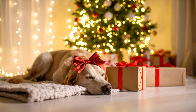 A peaceful golden retriever with a red ribbon bow sleeping like a precious gift under a glowing decorated Christmas tree - Powered by Adobe