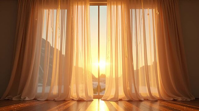 Warm Sunset Light Through Sheer Curtains Onto Polished Wooden Floor Creating Golden Glow With Mountain Landscape Background