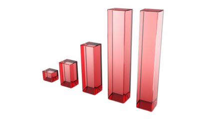 Red translucent bar graph showing increasing values on a black plain background in a studio shot on transparent background