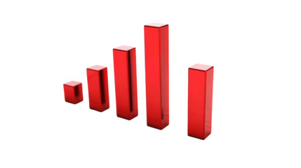 A red bar graph showing increasing values on a black background with shiny reflections present on bars on transparent background