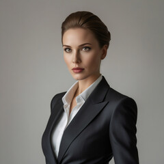 
Serious brunette professional woman in a dark blazer with a determined look