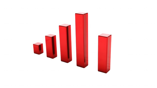A red bar graph showing increasing values on a black background with shiny reflections present on bars on transparent background