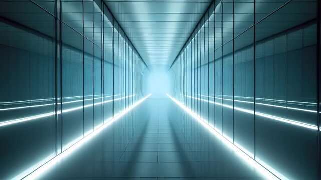 Futuristic Glowing Tunnel with Geometric Reflections and Bright Light at the End of a Dark Corridor