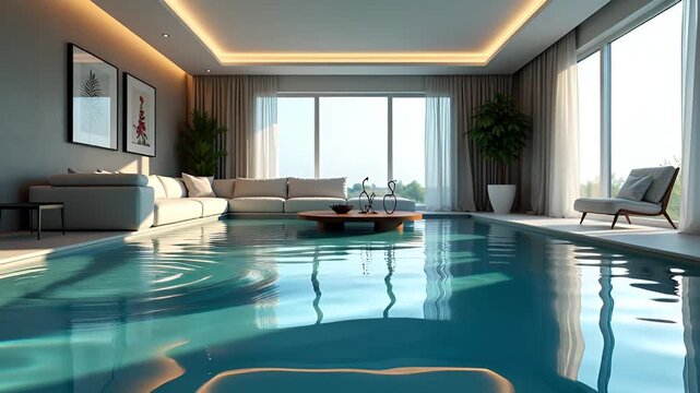 Modern Luxury Living Room With Indoor Pool Featuring White Sectional Sofa Wooden Coffee Table and Large Windows with Natural Light