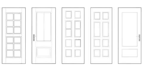 Collection of five different architectural door designs with varying panel and window configurations