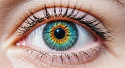 Fototapeta premium Close-up of a human eye with a striking, multi-colored iris and prominent lashes