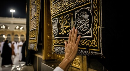 Close-up Hand touching ornate cloth on building, people blurred in background