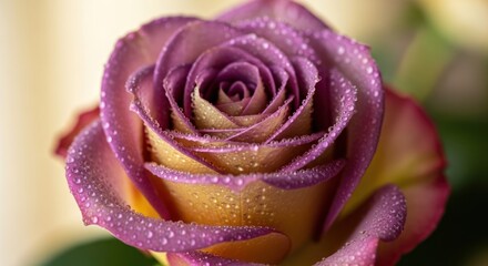 Close-up of a purple & yellow rose covered in dewdrops