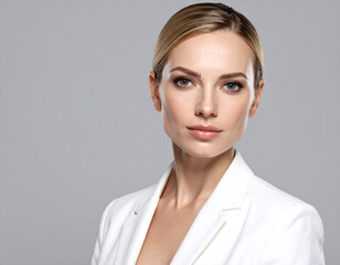 
Serious young blonde businesswoman in a formal white jacket against a neutral background