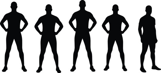 Silhouette of confident men standing with hands on hips, strong posture, fitness concept, leadership confidence, body strength, determination, and masculine energy.