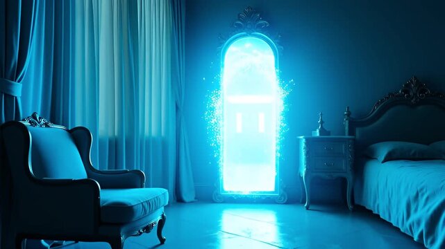 Mysterious Glowing Archway Portal Appears in Ornate Bedroom With Antique Furniture and Drapes illuminated by Cool Blue Light