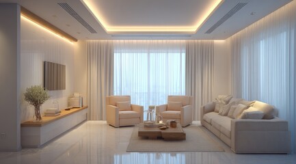 Modern living room, bright and airy, beige tones