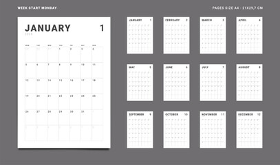 2026 Calendar Planner Set of new Template 12 Monthly Page for Corporate or Personal use. Vector layout grid vertical of wall or desk organizer with week start Monday for print. Pages size A4-21x29.7