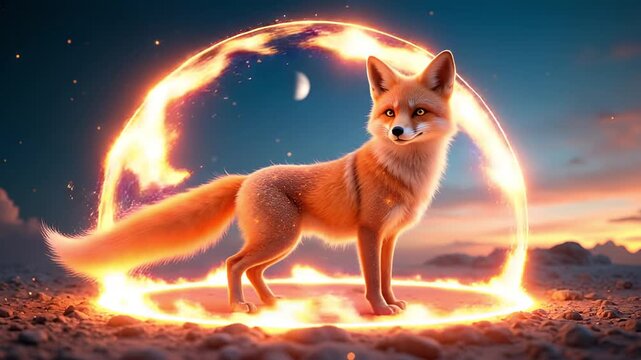 Majestic Fox Stands Within a Fiery Ring Against a Dramatic Sunset Sky with a Crescent Moon and Twinkling Stars