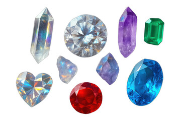 Various gemstones and minerals in different shapes and colors on a checkerboard background, representing wealth and jewelry
