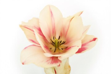 Obraz premium Creamy pink tulip blossom closeup on white background springtime bloom
