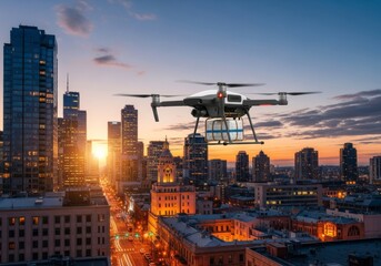 Medical drone delivering emergency supplies Chicago's magnificent skyline at twilight with building lights reflecting the sunset glow over the urban landscape