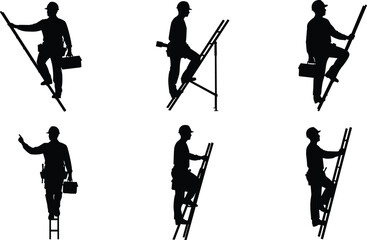 Silhouette of construction workers climbing ladders with tools, industrial safety and maintenance concept, building repair and engineering work background illustration